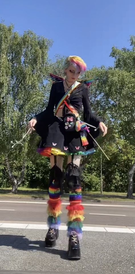 Dark Rainbow Outfit, Rainbow Grunge Outfit, Black And Rainbow Outfit, Alt Pride Outfit, Rainbow Goth Outfit, Goth Pride Outfit, Rainbow Goth Aesthetic, Pride Aesthetic Outfits, Gothic Rainbow