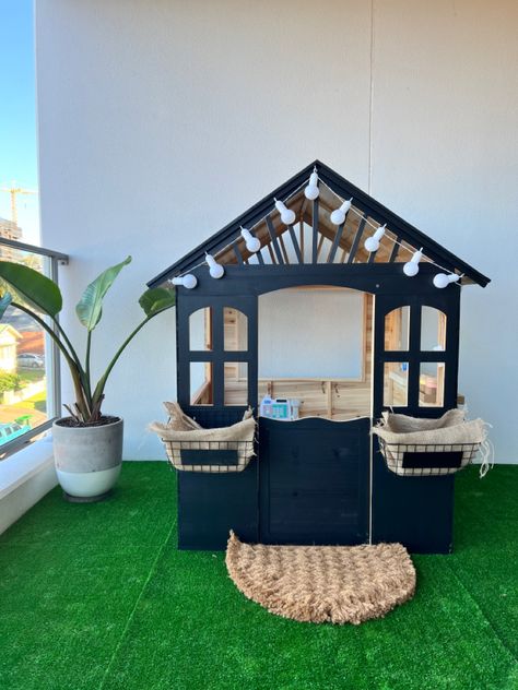 Small space/balcony kids play area. Black and Natural Cubby House. Festoon lights. Balcony Kids Play Area, Small Space Balcony, Festoon Lights, Cubby House, Kids Play Area, Festoon Lighting, Apartment Inspiration, Kids Play, Play Area