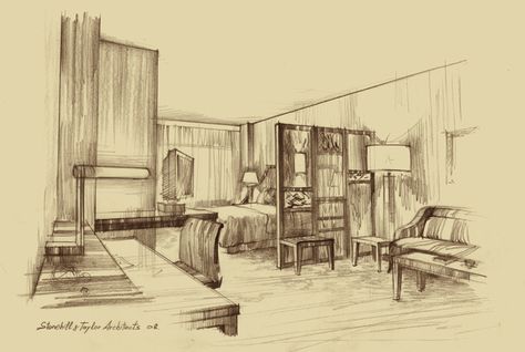 Architectural Rendering freehand Sketch Pencil drawing interior Hotel room renderer Shalumov Room Sketch, Hotel Guestroom, Interior Drawing, Manhattan Hotels, Photoshop Watercolor, Architectural Sketches, Drawing Interior, Interior Design Drawings, Interior Design Sketches