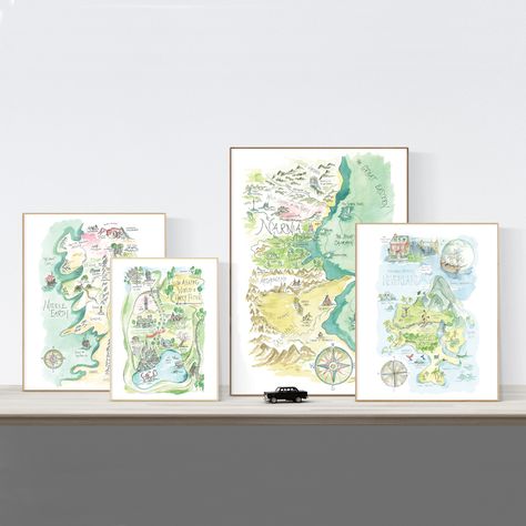 Painted maps of Harry Potter, Narnia, Lord of the Rings and Neverland Woods Watercolor, Story Maps, Unique Teachers Gift, Watercolor Fine Art, Watercolor House Portrait, Textured Watercolor, The Great, Watercolor Lessons, Story Map