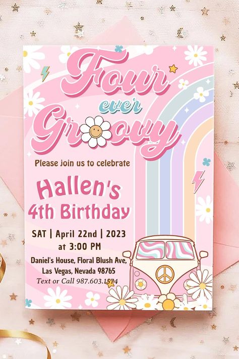 Four Ever Groovy Retro Boho Rainbow 4th Birthday Invitation 4th Bday Theme, Four Ever Groovy, 4th Birthday Invitation, Rainbow Birthday Invitations, Festival Birthday, Groovy Retro, Rainbow Birthday, Boho Rainbow, 4th Birthday