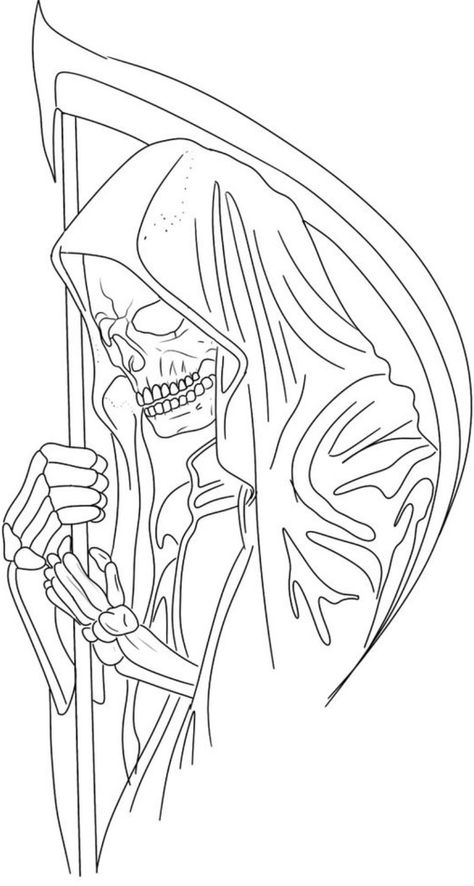 Easy Grim Reaper Tattoo, Santa Muerte Outline, Reaper Outline, Skeleton Tattoo Stencil, La Santa Muerte Drawing, Grim Reaper Tattoo Stencil, Santa Muerte Tattoo Stencil, Grim Reaper Tattoo Designs Drawings, La Santa Muerte Tattoo