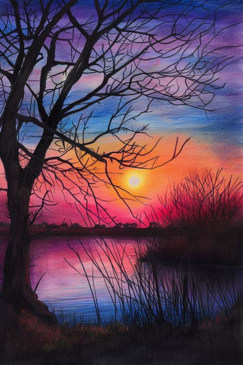 Embark on a journey of creative exploration with these easy art ideas using colored pencils. From simple sketches to intricate designs, discover the joy of artistic expression and unleash your imagination. #CreativeExploration #ColoredPencils #ArtisticExpression Simple Coloured Pencil Drawings, Sunset With Colored Pencils, Sunset Drawing Colored Pencil Easy, Colour Drawing Ideas Creative, Color Pencil Art Drawings Nature, Sunset Colored Pencil, Color Pencil Sketches Landscape, Sketch Colour Drawing, Simple Colour Pencil Drawings