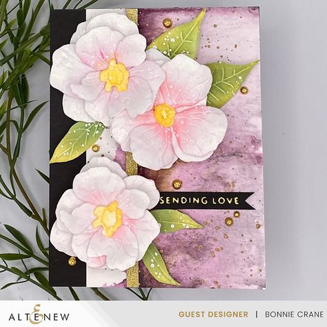 Flower Scrapbook Layout, Japanese Camellia, Flower Japanese, Altenew Cards, Monthly Crafts, Scrapbook Flowers, Spellbinders Cards, 40th Gifts, Flower Center