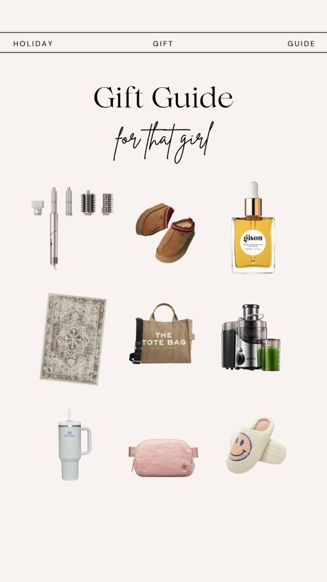 Holiday gift guide for that girl, it girl Shark Dyson hair curler dryer, ugg slipper, gisou hair oil, ruggable home rug, the tote bag Marc jacobs, juicer, Stanley, water bottle, lululemon crossbody bag purse, smiley face slipper, gen z clean girl aesthetic Sale Follow my shop @snomachine on the @shop.LTK app to shop this post and get my exclusive app-only content! #liketkit #LTKHoliday #LTKHolidaySale #LTKGiftGuide @shop.ltk https://liketk.it/4m6uK The Tote Bag Marc Jacobs, Lululemon Crossbody Bag, Gisou Hair Oil, Honey Infused Hair Oil, Infused Hair Oil, Gisou Hair, Stanley Water Bottle, Ugg Slipper, Dyson Hair