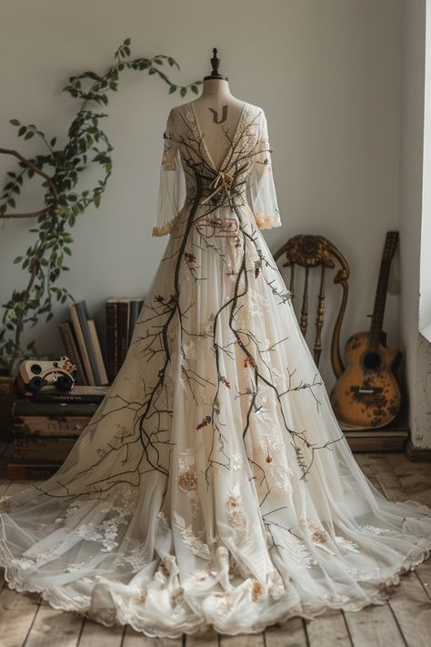 Fae Dress Gowns, Elven Dress Gowns, Dark Academia Wedding Dress, Elf Gown, Enchanted Forest Wedding Dress, Tolkien Wedding, Majestic Dress, Weird Wedding Dress, Weird Wedding