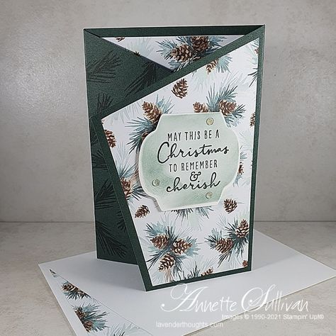 Angled Fold Card with Christmas to Remember – FREE Tutorial – Lavender Thoughts Trifold Christmas Cards Handmade, Arrow Fold Christmas Cards, Stampin Up Tri Fold Cards, Angled Tri Fold Card, Tri Fold Christmas Cards, Fun Fold Cards Tutorials Templates, Fancy Christmas Cards, Trifold Cards, Card Making Ideas For Beginners