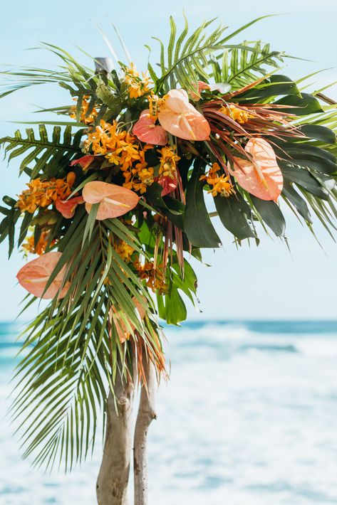 Wedding Arch Ideas Tropical, Hawaiian Wedding Arch, Tropical Wedding Flowers Ceremony Arch, Orange Beach Wedding, Hawaiian Wedding Color Palette, Tropical Wedding Arch Ideas, Orange Tropical Wedding, Beach Wedding Colorful, Wedding Arch Tropical