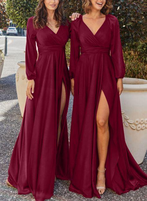 A-Line V-Neck Long Sleeves Silk Like Satin Bridesmaid Dresses With Split Front Silky Bridesmaids Dresses With Sleeves, Long Sleeve Silk Bridesmaid Dress, Bridesmaid Dresses Silk Satin With Sleeves, V-neck Satin Bridesmaid Dress, Elegant Satin V-neck Bridesmaid Dress, Burgundy Bridesmaid Dresses Long, Long Sleeve Bridesmaid Dress, Burgundy Bridesmaid, Sparkle Wedding Dress