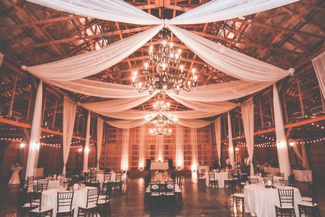 Banquet Hall Decorations Wedding, Wedding Drapery Ideas Ceilings, Wedding Ceiling Drapery, Wedding Drapery Ideas, Indoor Wedding Reception Decorations Ceiling Draping, Ceiling Drapery With Fairy Lights, Wedding Hall Draping Ceiling Decor, Ceiling Draping Wedding, Wedding Table Deco