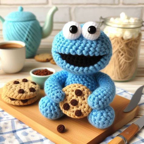 Amigurumi Cookie Monster, Cookie Monster Crochet Pattern, Cookie Monster Crochet Pattern Free, Disney Crochet Patterns, Crochet Monsters, Easy Crochet Animals, Crochet Disney, Mode Crochet, Crochet Blanket Designs