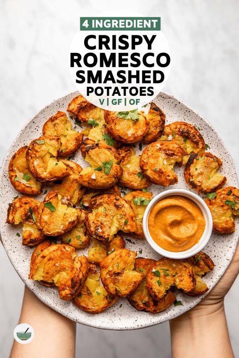 Healty Meals, Vegan Appetizers Recipes, Vegan Appetizer, Crispy Smashed Potatoes, Romesco Sauce, Meals Ideas, Steak And Mushrooms, Vegan Side Dishes, Potato Sides