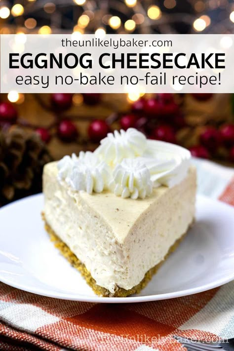 Try this eggnog no bake cheesecake this holiday season. The easy recipe has all the good stuff in it like nutmeg, cinnamon and even rum, if you’re feeling extra celebratory! Easy to make, no need to bake and make-ahead. Check out the recipe with lots of tips, FAQs and step-by-step photos. Thanksgiving Recipes Dessert, Cheesecake With Gingersnap Crust, Eggnog Cheesecake Recipe, Classic Eggnog, Eggnog Cheesecake, Best Christmas Desserts, Gingersnap Crust, Thanksgiving 2020, Holiday Dessert Recipes