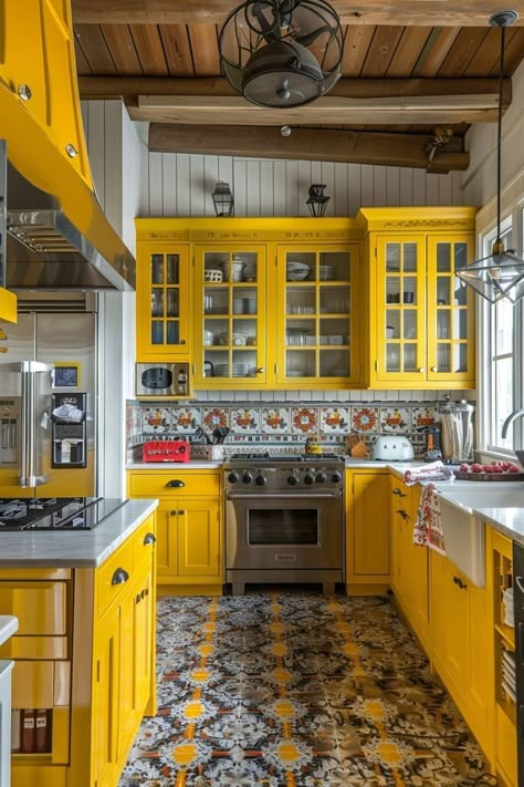 Yellow Kitchen Designs, Kitchen Cabinet Color Ideas, Deco Pastel, Colorful Eclectic, Classic White Kitchen, Bohemian Kitchen, Eclectic Kitchen, White Kitchen Design, Dream Cottage