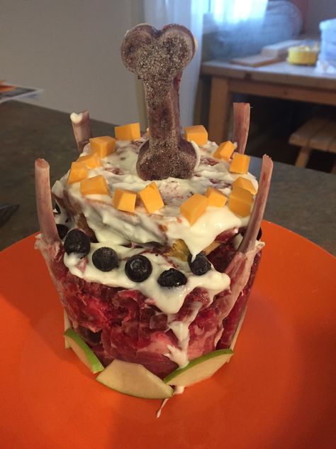 Raw dog cake for our Dogos first birthday  Bison elk beef and lamb with some extras of yogurt fruit and cheese Pup Birthday, Dogs Birthday, Meat And Potatoes, Pet Tips, Dog Cakes, Dog Cake, Pet Hacks, Dog Birthday, Girls Birthday