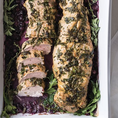 Blueberry- and Herb-Roasted Pork Tenderloin Blueberry Pork Tenderloin, Mom Meals, Pork Tenderloin Recipe, Roasted Pork Tenderloins, Tenderloin Recipe, Blueberry Compote, Cheap Healthy, Roasted Pork, Tenderloin Recipes