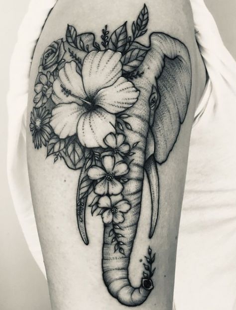 Flower Elephant Tattoo, Elephant With Flowers Tattoo, Elephant Shoulder Tattoo, Elephant Tattoos With Flowers, Mandala Elephant Tattoo, Tattoos Architecture, Exotic Tattoos, Animals Tattoos, Rose Shoulder Tattoo