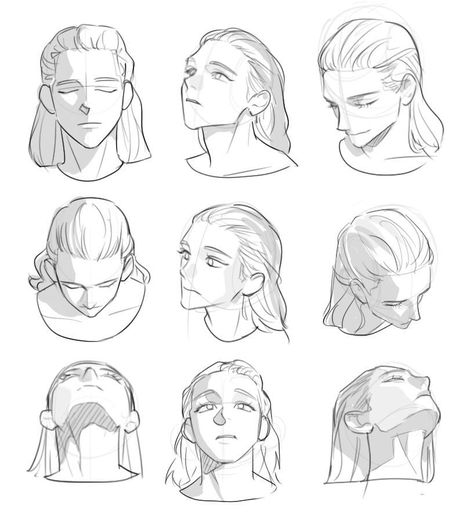 Drawing Heads Female, Hair At Different Angles Drawing, Woman Drawing Reference Face, Head Poses Drawing Reference Looking Up, Happy Side Profile Drawing, Head Facing Down Reference, Manhwa Drawing Sketch Tutorial, Hair Angles Drawing, Character Head Reference