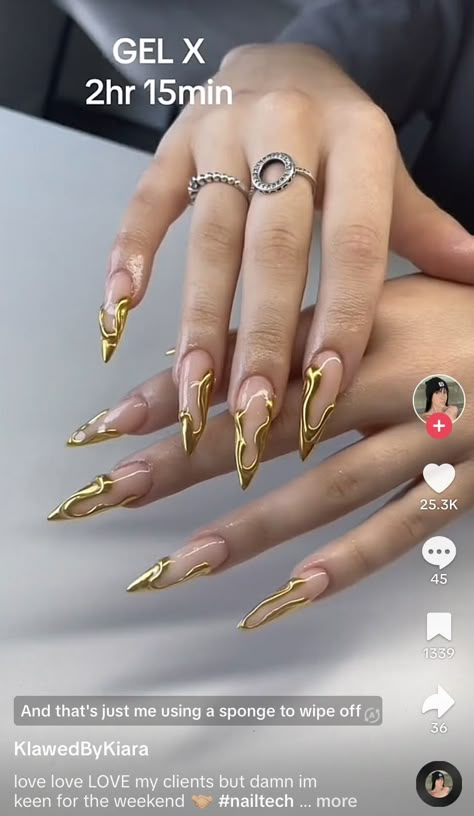 Long Almond Acrylic Nails Gold, Holiday Baddie Nails, Birthday Stilletos Nails, Gold Edge Nails, White And Gold Acrylic Nails With Design, Egyptian Inspired Nails, Gold And White Stiletto Nails, Gold Stiletto Nails Designs, Gold Nail Designs Acrylic