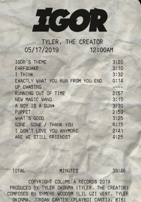 Poster Tyler The Creator, Receipt Poster, Iphone Makeover, Tyler The Creator Igor, Album Receipt, Pic Wall, Phone Widgets, Posters On Wall Bedroom, Grunge Posters