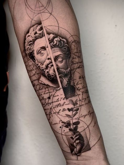 Men’s Forearm Tattoos Greek, Greek Realism Tattoo, Archetype Tattoo, Roman Art Tattoo, Janus Tattoo, Scientific Tattoo, Detailed Tattoos, Leg Band Tattoos, Roman Tattoo