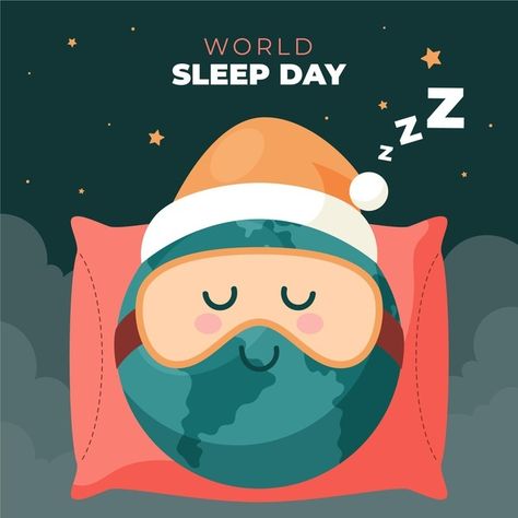 World sleep day illustration with sleeping planet wearing mask Free Vector World Sleep Day, Powerpoint Tutorial, Wearing Mask, Day Illustration, Need Sleep, About World, When You Sleep, Music Print, Cute Illustration