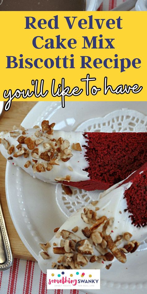 Biscotti Cake Mix Recipe, Red Velvet Box Recipes, Red Velvet Biscotti, Lemon Cake Mix Biscotti Recipe, Box Cake Mix Hacks Red Velvet, Cake Mix Biscotti Recipe Easy, Red Velvet Cake Mix Recipes, Cake Mix Biscotti Recipe, Recipes Using Cake Mix