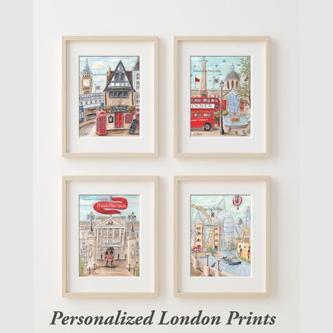 Set of 4 London Art Prints for your little boy or girl! The Fish & Chips shop (inspired by The Anchor in London) is set in a quaint street scene with Big Ben and Paddington Station in the background. So this set is perfect for your Paddington bedroom or nursery decor. *3 of these prints can be personalized - The Fish & Chips Shop, Trafalgar Square and Buckingham Palace.  There are 4 prints in this set that include iconic London landmarks like Paddington Station, Big Ben, the London Eye, London B Paddington Nursery Theme, London Themed Bedroom, Paddington Bedroom, Paddington Nursery, London Nursery, British Themed Parties, Olivia Lee, Paddington Station, London Prints