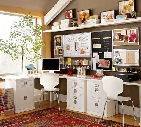 Wall-length desks with a corner desk to maximize desk space in the study || Bedford Corner Desk Set from Pottery Barn Shared Home Office Ideas, Shared Home Office, Office For Two, Desk Layout, Dekorasi Kamar Tidur, Office Crafts, Small Home Office, Craft Room Office, Steel House