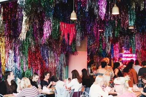 Fab immersive Tinsel ARt Bar in Brisbane, Australia by @imakestagram Tinsel Wedding Decor, Tinsel Wedding, Tinsel Wall Photo Backdrops, Tinsel Curtain Backdrop, Layered Tinsel Backdrop, Tinsel Fringe Chandelier, Fringe Backdrops, Studio 54, Bright Wedding