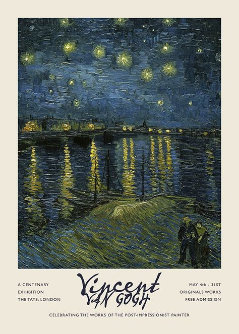 A vintage Art exhibition poster for the master painter Vincent Van Gogh. Featuring his well-known painted masterpiece Starry night, and typography details of the museum exhibition this poster is a beautifully framed, slick piece of art designed by our team in-house. You won't find it anywhere else! Room Posters Van Gogh, Van Gogh Paintings Poster, Starry Night Wall Painting, Pictures For Frames Printable, Starry Night Printable, Wall Posters Printables, Scrape Art, Starry Night Poster, Vincent Van Gogh Poster