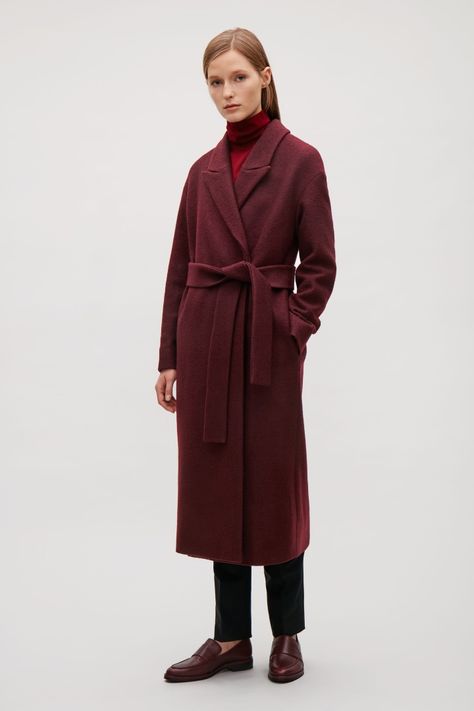 COS image 9 of Belted wool coat in Burgundy Burgundy Wool Coat Outfit, Burgundy Wool Coat, Burgundy Coat Outfit, Autumn Wishlist, Burgundy Trench Coat, Wool Coat Outfit, Burgundy Coat, Wool Car Coat, Belted Wool Coat