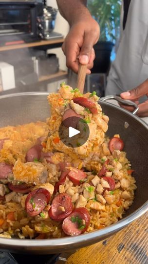 675K views · 102K reactions | One pot Cajun salmon jambalaya 
1 1/2 cups of sliced beef sausage 
1 cup of cooked chicken thigh (season with creole seasoning)
1 cup of cubed salmon 
2 cups washed rice 
4 1/2 cups low sodium chicken broth 
3 cloves chopped garlic 
1/2 green and red bell pepper 
1/2 white onion diced 
1/2 cup diced celery 
1/2 cup tomato paste 

*Spice blend
1 tbsp garlic powder 
1 tbsp paprika 
1 sprig of fresh type (or 1/2 tsp dry)
1 tbsp creole seasoning 
1 tbsp black pepper 
1 tbsp onion powder 

#jambalaya #cajunfood #creole #smokedmeat #smoker #cheapmeals #easymeals #onepotmeals #crockpot #crockpotmeals #familymeals #quickdinner #family #cornbread #summerrecipes #foodlover #foodgasm #onepotmeal #salmon | Simba M. | Santana · Black Magic Woman Salmon Jambalaya, Cajun Sausage Rice, Cubed Salmon, Chicken Thigh Seasoning, Jambalaya Pasta, Cajun Salmon, Sausage Rice, Cajun Sausage, Magic Woman