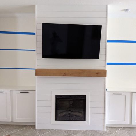 Diy Shiplap Fireplace, Electric Fireplace Living Room, Tv Mounted, Basement Fireplace, Electric Fireplace Wall, Build A Fireplace, Fireplace Tv Wall, Shiplap Fireplace, Fireplace Built Ins