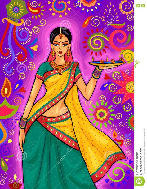 Indian Woman With Diya Decoration For Diwali Festival Celebration In India Stock Vector - Illustration of light, festivity: 78149812 Decoration For Diwali, Diwali Painting, Diya Decoration, Rajasthani Art, India Painting, Indian Women Painting, Indian Illustration, Diwali Diya, Dance Paintings