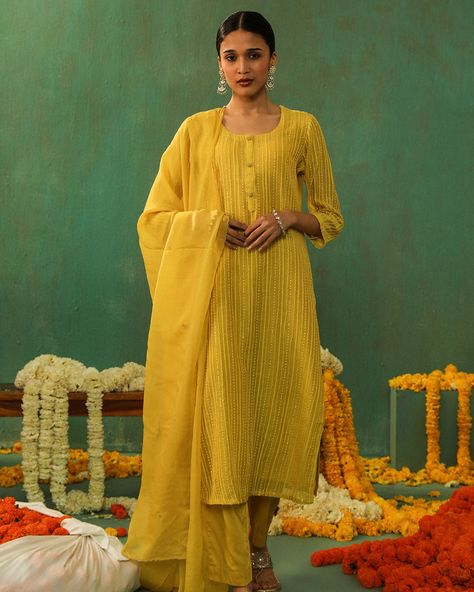 Bright Yellow Embroidered Mul Chanderi Suit Set 🏵️ SKU: HER-285 YELLOW NOW LIVE at www.heritageofficial.com #HeritageOfficial #HeritageIndia #HeritageToRemember #Chanderi #WomenStyle #Green #Summer #SummerPrints #Bahaar #KurtaSet #SuitSet #SS24 #Sarak Cotton, Kurta Set, Ethnic, Bahaar, Linen, Pastels, Suits, Sarak Chanderi Suit, Cotton Kurta Set, Chanderi Suits, Coord Set, Cotton Kurta, Summer Prints, Kurta Set, Suit Set, Bright Yellow