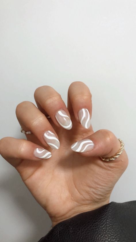 White Abstract Nail Art, Squiggle Nail Art, White Swirl Nails, Cute Almond Nails, Bridal Nails Designs, Swirl Nails, Abstract Nail, Squoval Nails, Abstract Nail Art