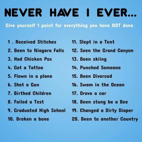 Never Have I Ever: 1 point for each thing you *HAVE NOT* done. Questions To Ask Your Boyfriend, Girl Sleepover, Sleepover Games, Question Game, Interactive Posts, Fun Sleepover Ideas, Sleepover Things To Do, Fun Questions To Ask, Deep Questions