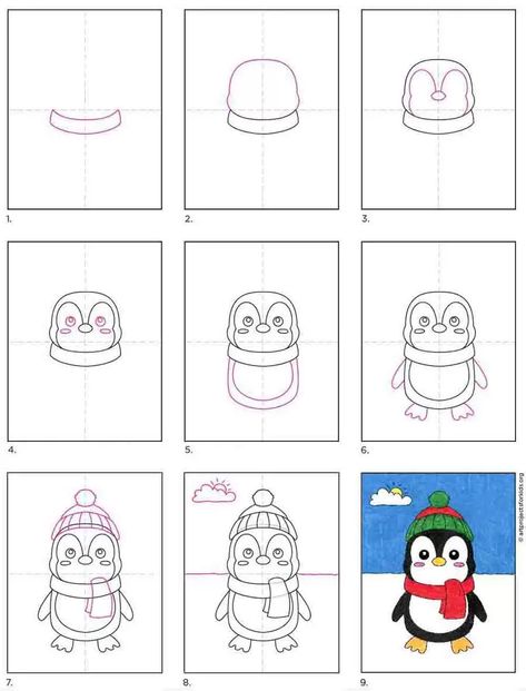 Winter Penguin Art, Penguin Directed Drawing For Kids, How To Draw A Cute Penguin, How To Draw Winter, Penguin Art Projects For Kids, How To Draw Penguin, How To Draw A Penguin, Penguin Art For Kids, Animals In Sweaters