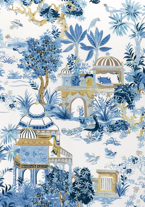 Eden is a whimsical approach to traditional patterns that lead you into paradise. Thibaut Mystic Garden, Mystic Garden, Blue And White Wallpaper, Thibaut Wallpaper, Chinoiserie Design, Blue And White Fabric, Garden Wallpaper, Chinoiserie Wallpaper, Garden Print