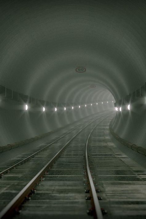 This underground tunnel for a train to run through is an example of space for motion. Tunnel Lighting, Photo Flow, Walking In The Dark, Subway Tunnel, Snow Train, Railway Tunnel, Hunger Games Districts, Underground Subway, Tunnel Design