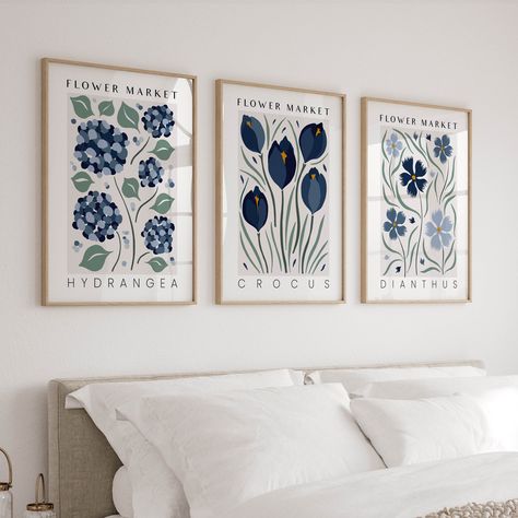 Flower Market Prints in Navy Blue, Set of 3 Botanical Wall Art Prints & Posters, Vintage Retro Floral Gallery Wall Art, Living Room Triptych - Etsy Blue And Gray Wall Art, Navy Gallery Wall, Bedroom Wall Decor Prints, Blue And Green Gallery Wall, Hydrangea Art Print, Muted Wall Art, Prints For Bedroom Wall Art, Blue Floral Room, Navy Room Decor