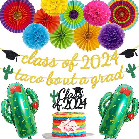 PRICES MAY VARY. The mexican theme party banner is made of cardstock, bright glittery colors and well made, you don’t worry about falling glitters everywhere Mexican grad party set: 1 pcs class of graduation cap banner, 1 pcs taco bout a grad cactus garland, 1 pcs class cake topper, 2 pcs cactus foil balloon, 4 pcs paper pom poms, 6 pcs fiesta paper fan. Included needle and ribbons to string up the garland Dimensions: the fiesta mexican graduation cap measures 7 inches wide and 3.5 inches tall. Mexican Graduation Party, Mexican Graduation, Mexican Party Favors, Decoration Class, Cactus Balloon, Grad Banner, Graduation Flowers, Fiesta Party Decorations, Fiesta Theme Party