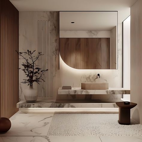 The space features a soothing neutral colour palette, highlighted by the use of natural materials like wood and marble, which add texture and warmth. Clean lines and uncluttered surfaces emphasise the minimalist aesthetic, while the inclusion of nature through plants and natural textures connects the indoor environment with the natural world. Functional elements are designed with both beauty and utility in mind, and subtle contrasts in materials and colours enhance the serene atmosphere. Soft... Japandi Style Home, Japandi Home Decor, Neutral Interior Design, Japandi Interior Design, Minimalist Bathroom Design, Japandi Home, Japandi Decor, Japandi Design, Washroom Design