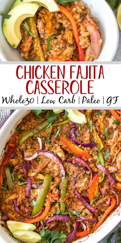 The Chicken Fajita Casserole is a low carb, gluten free and paleo friendly meal that is easy to make and sure to be a hit! It's packed with all of the chicken fajita flavors you love and full of fresh and healthy ingredients like shredded chicken, bell peppers, cauliflower rice, and onions - all wrapped up in a casserole dish! It's perfect for both a weeknight dinner and for meal prep for lunches. This delicious Whole30 casserole is a must try. #chickenfajita #chickencasserole #... Shredded Chicken Whole 30 Recipes, Paleo Mexican Casserole, Whole30 Shredded Chicken Recipes, Whole 30 Fajitas, Antiinflammatory Casserole, Healthy Shredded Chicken Dinner, Paleo Chicken Casserole Recipes, Whole 30 Shredded Chicken, Clean Chicken Casserole Recipes