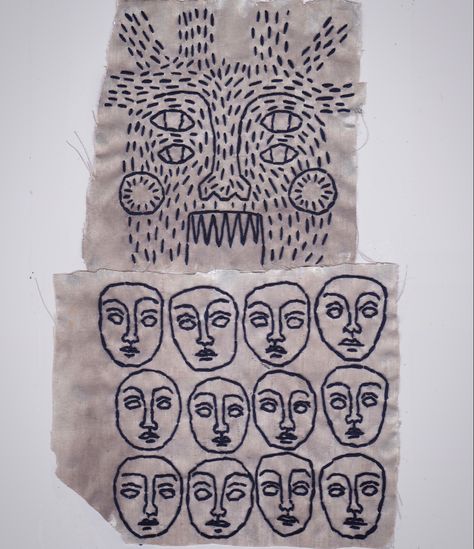 Embroidery Doodles, Embroidery Faces, Embroidered Faces, Thesis Ideas, Primitive Embroidery, Painted Fabric, Embroidered Face, Embroidered Art, Art Ideas