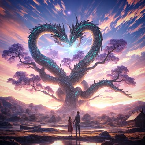 🌸🐉 Experience the enchanting beauty of this captivating artwork, where two intertwined dragons form a heart shape against a stunning sunset backdrop. The dragons, with their iridescent scales and majestic presence, appear to be guardians of a magical tree adorned with blossoming flowers. Below, a couple stands hand-in-hand, gazing up in awe at the magnificent sight, their reflections shimmering in the tranquil waters. The sky, painted with hues of pink, purple, and gold, adds a dreamy quality... Intertwined Dragons, Dragon Sky, Iridescent Scales, Sunset Backdrop, Stunning Sunset, Magical Tree, Blossom Flower, Scales, Heart Shape