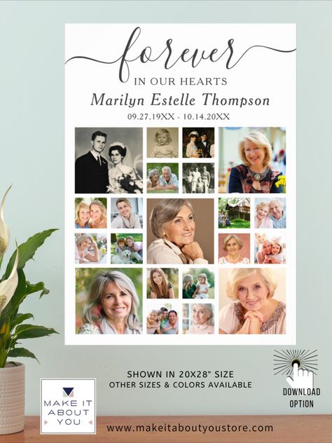 Remember the life of your loved one utilizing this easy-to-upload photo collage poster print template with 21 square pictures through the years in memory of someone special at a funeral memorial service, Celebration of Life event or as a tribute keepsake. The minimal suggested black and white design features an editable modern handwritten script typography title of FOREVER IN OUR HEARTS in your choice of colors and background color. Diy Photo Collage, Photo Collage Poster, Hearts Poster, Square Pictures, Photo Collage Diy, Forever In Our Hearts, Heart Poster, Script Typography, Photo Collages