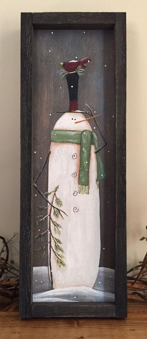 Acrylic on wood. Winter Paintings On Wood, Painted Snowmen On Wood, Rustic Snowman Painting, Painted Ironing Boards, Snowman Painting On Canvas, Painted Snowman On Wood, Snowman Painting On Wood, Holiday Painting Ideas, Snowman On Wood