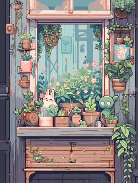 Pixel Cute Wallpaper, Pixel Background Aesthetic, Pixel Room, Greenhouse Illustration, Greenhouse Art, Pixel Art Wallpaper, Pixel Aesthetic, Pixel Background, Painting Illustration Art